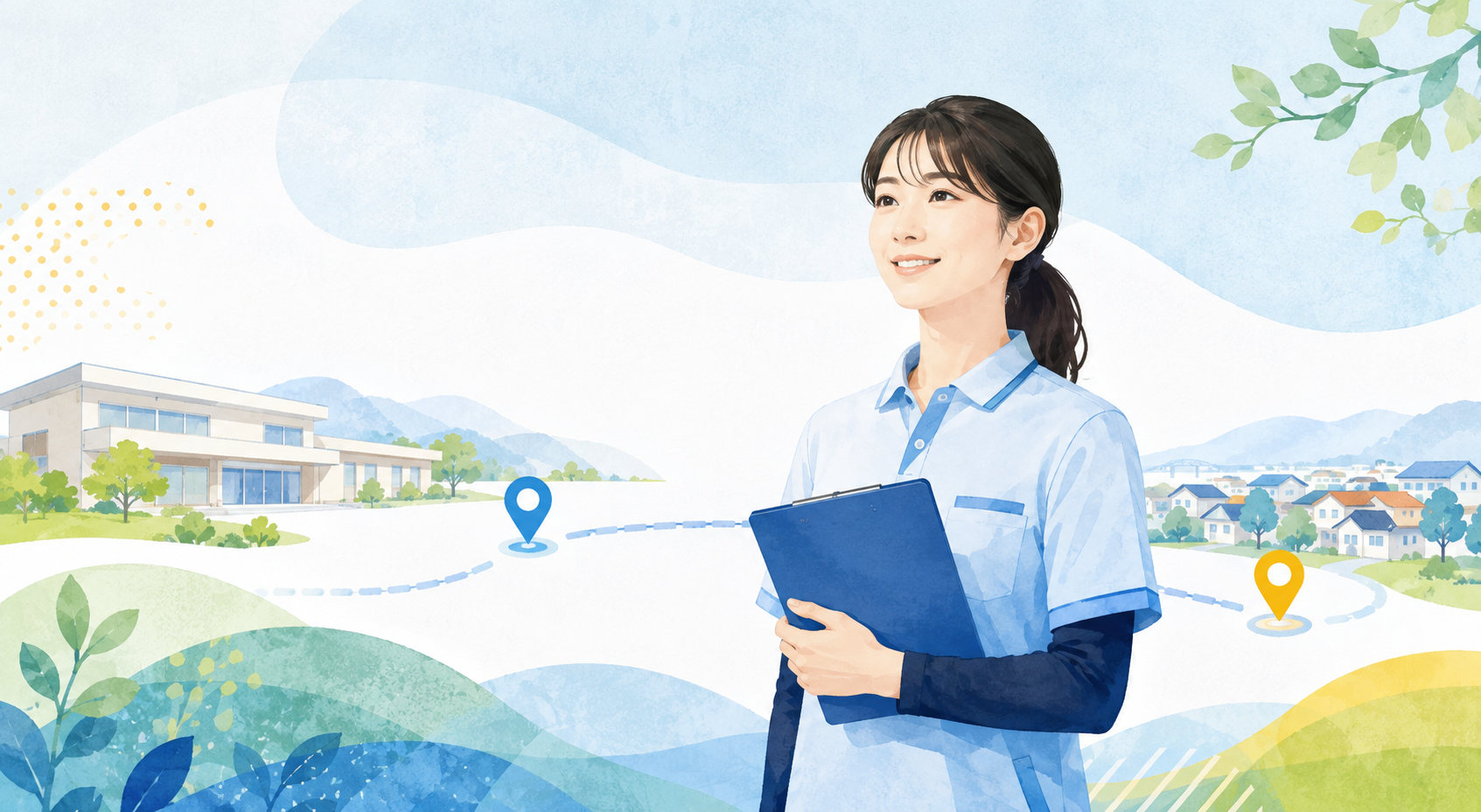 備前市・瀬戸内市邑久方面の介護求人を案内する介護職員のイラスト