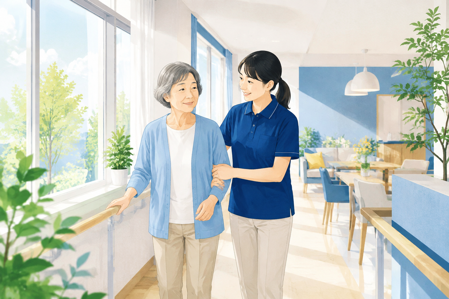 介護老人保健施設で高齢者の歩行を支援する介護職員のイラスト