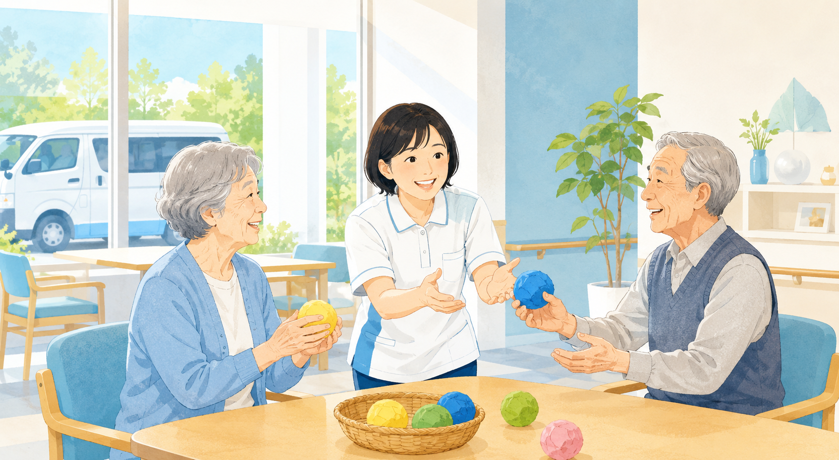 デイサービスで高齢者のレクリエーションを支援する介護職員のイラスト