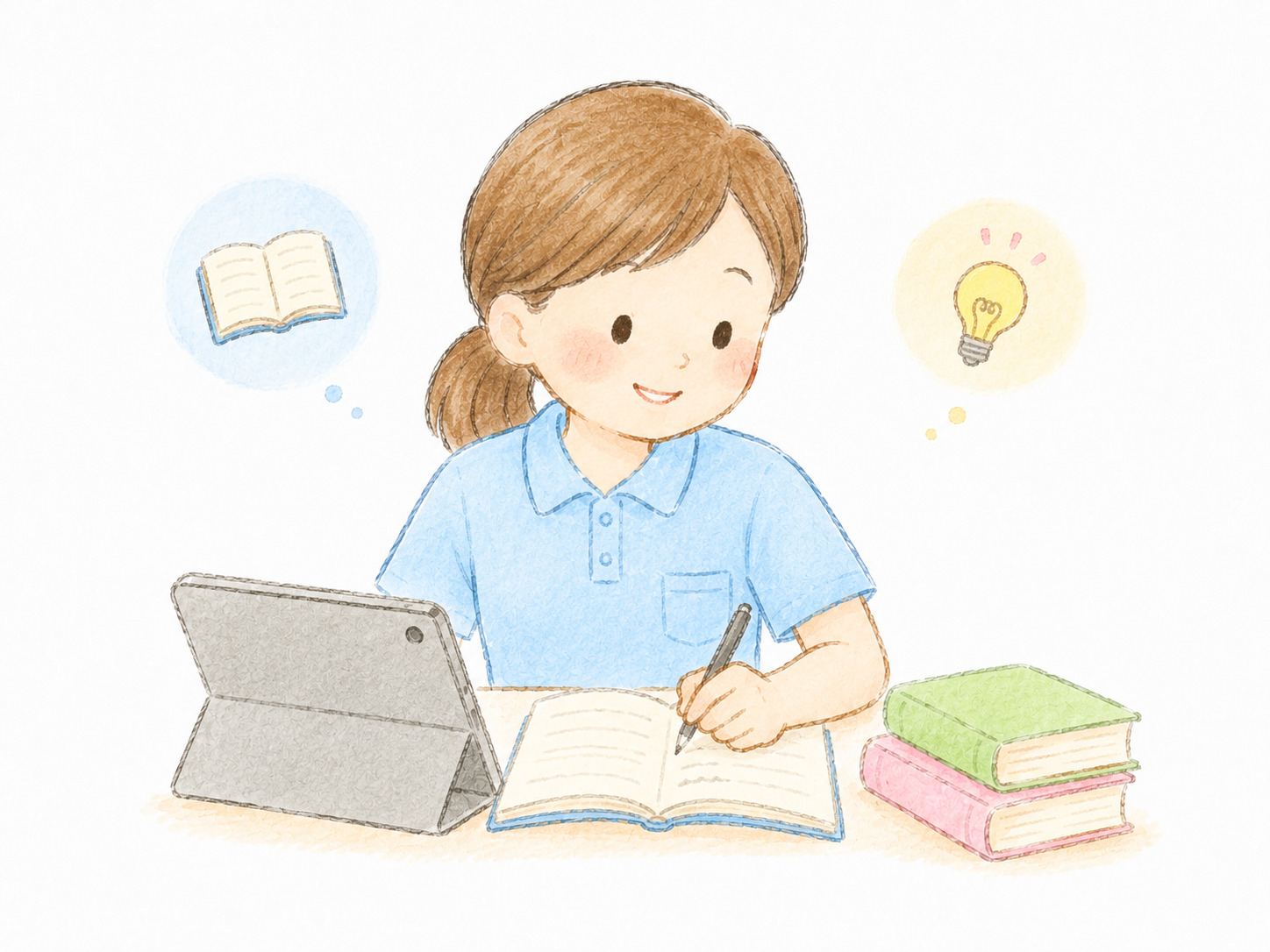 介護職員がタブレットと本を使って学んでいるイラスト