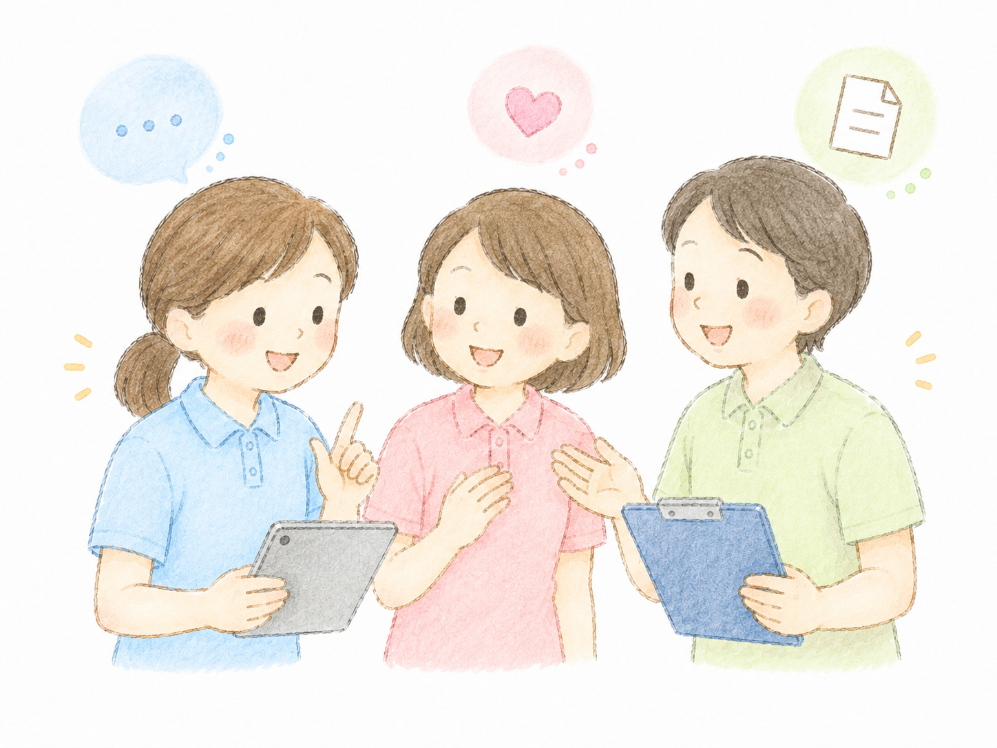 介護職員がチームで情報共有をしているゆるかわイラスト