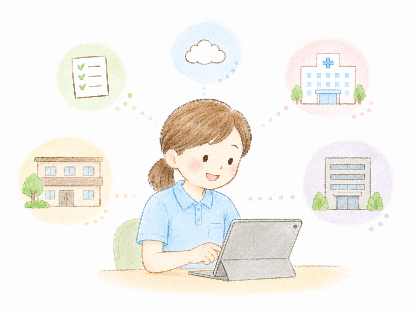 介護職員がタブレットを使い、介護事業所や医療機関などと情報をつなげているイラスト