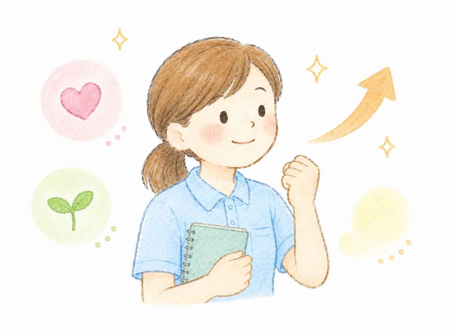 介護を学ぶ人が前向きに成長していく様子を表したイラスト