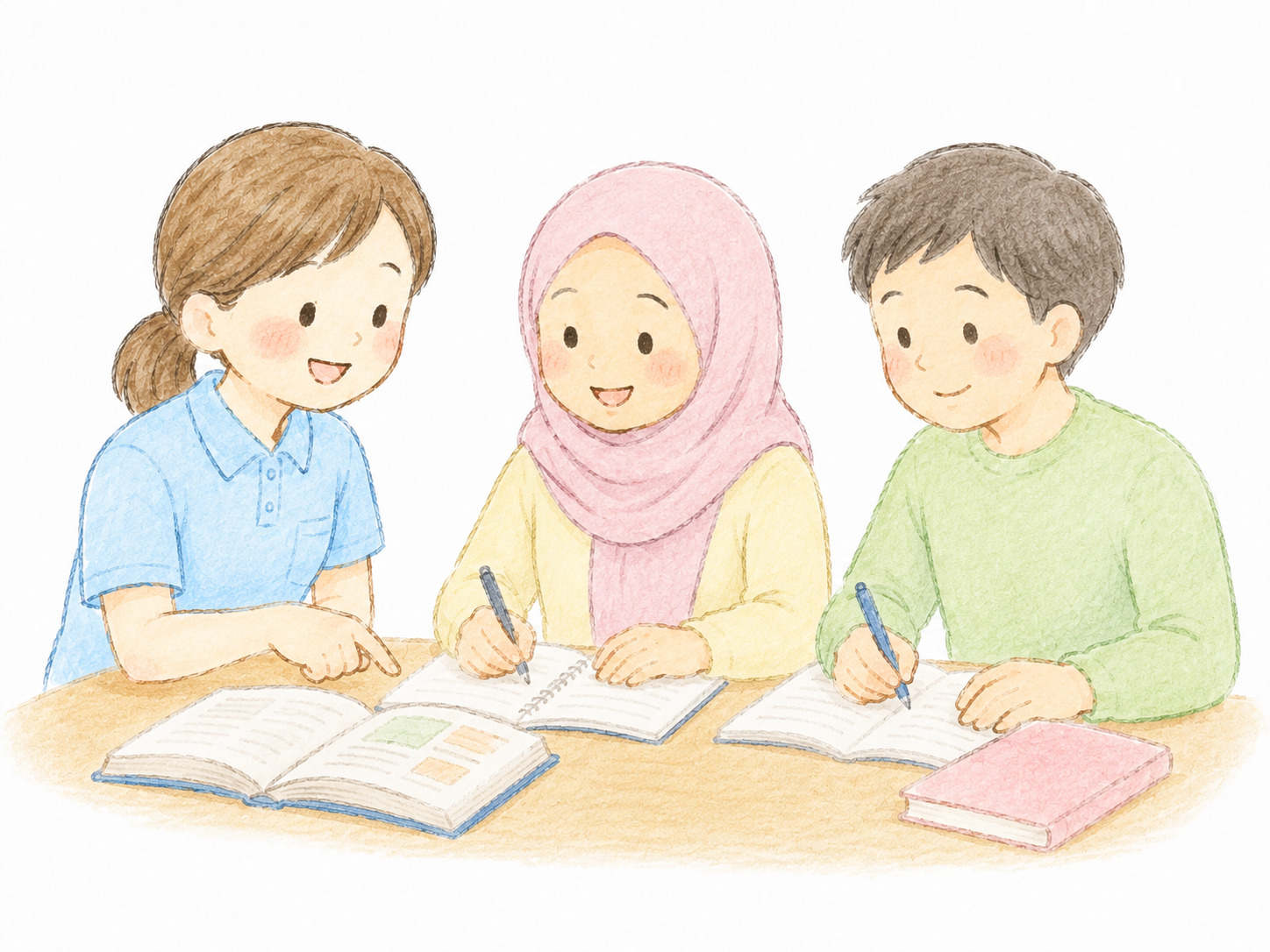 ステップで介護を学ぶ受講生たちのやさしいイラスト