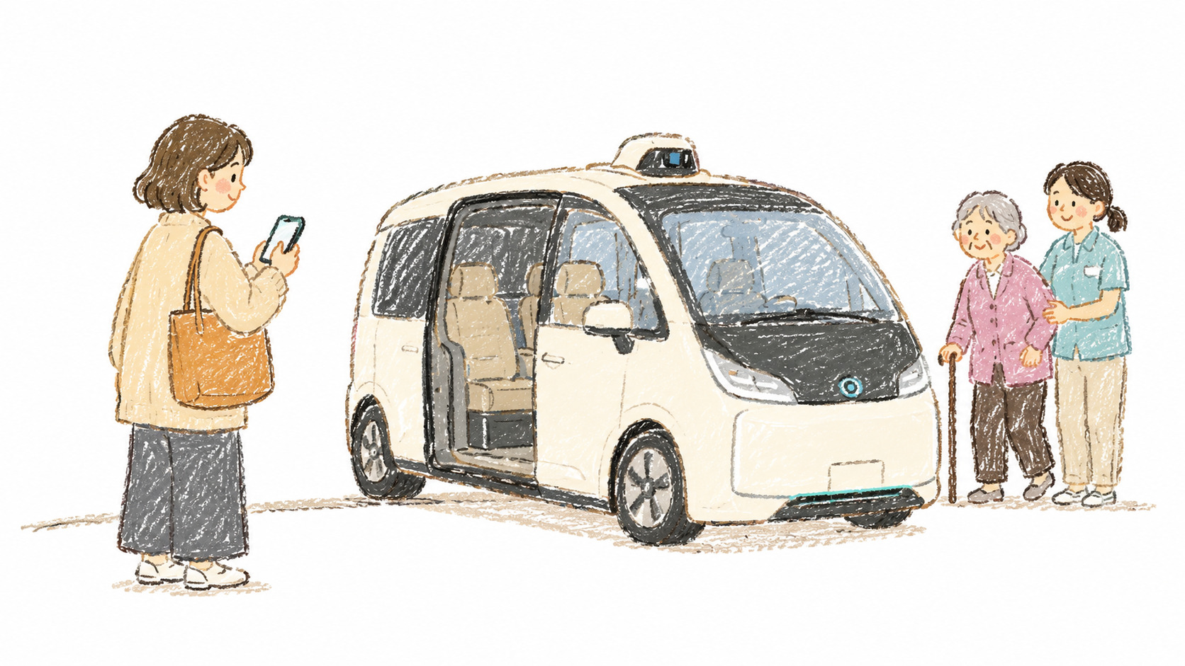 AIと自動運転が進む近未来の社会で介護の仕事の価値を考える手書き風イラスト