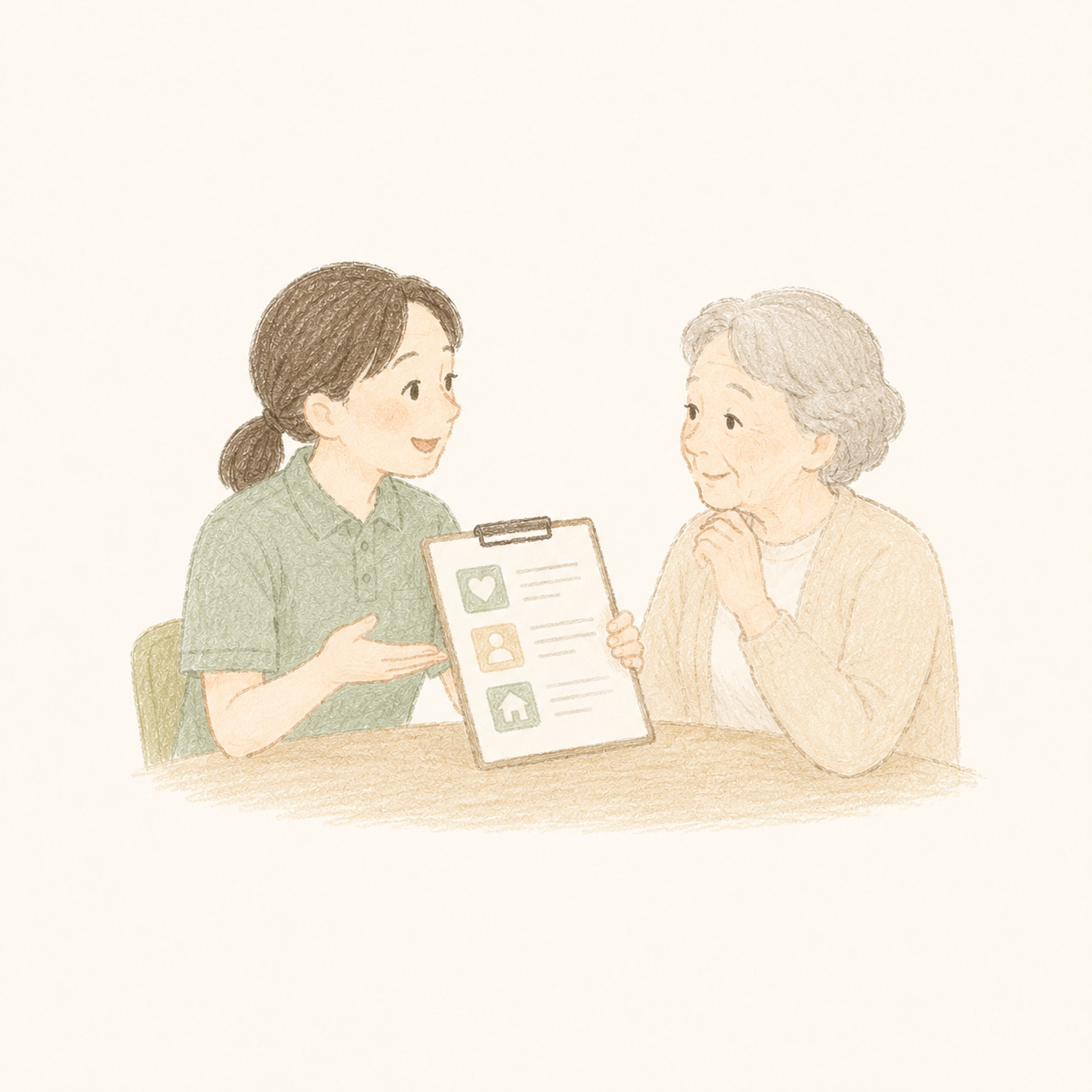 支援の範囲を丁寧に確認する訪問介護のイラスト