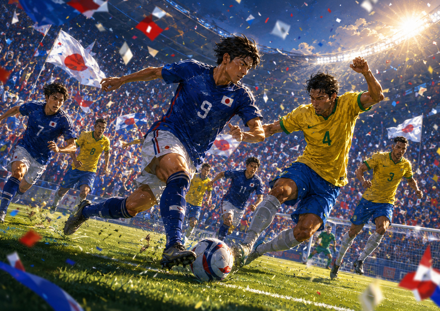 日本代表がブラジルに挑むサッカーイラスト
