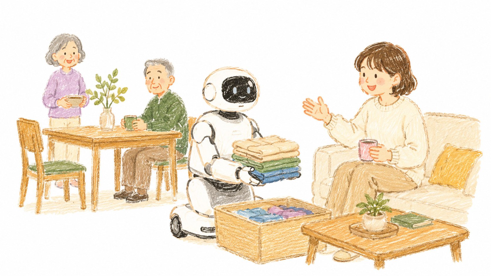 家庭用ロボットが家事や生活を手伝う近未来の暮らしを描いた手書き風イラスト