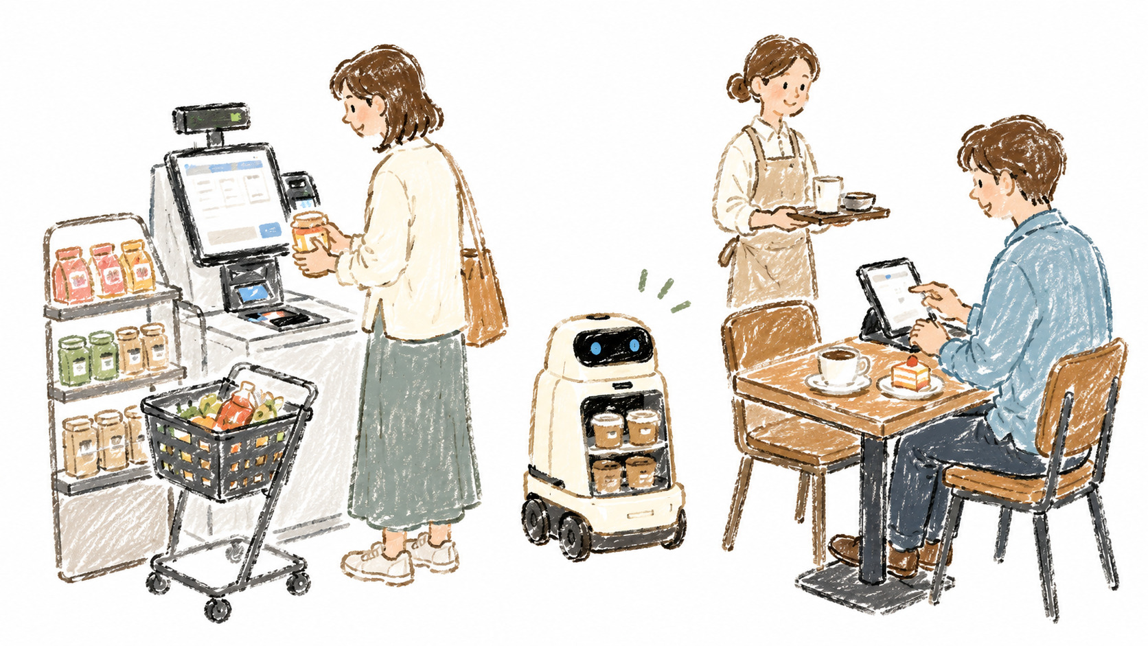 セルフレジや配膳ロボットなど無人化と省人化が進む社会の手書き風イラスト