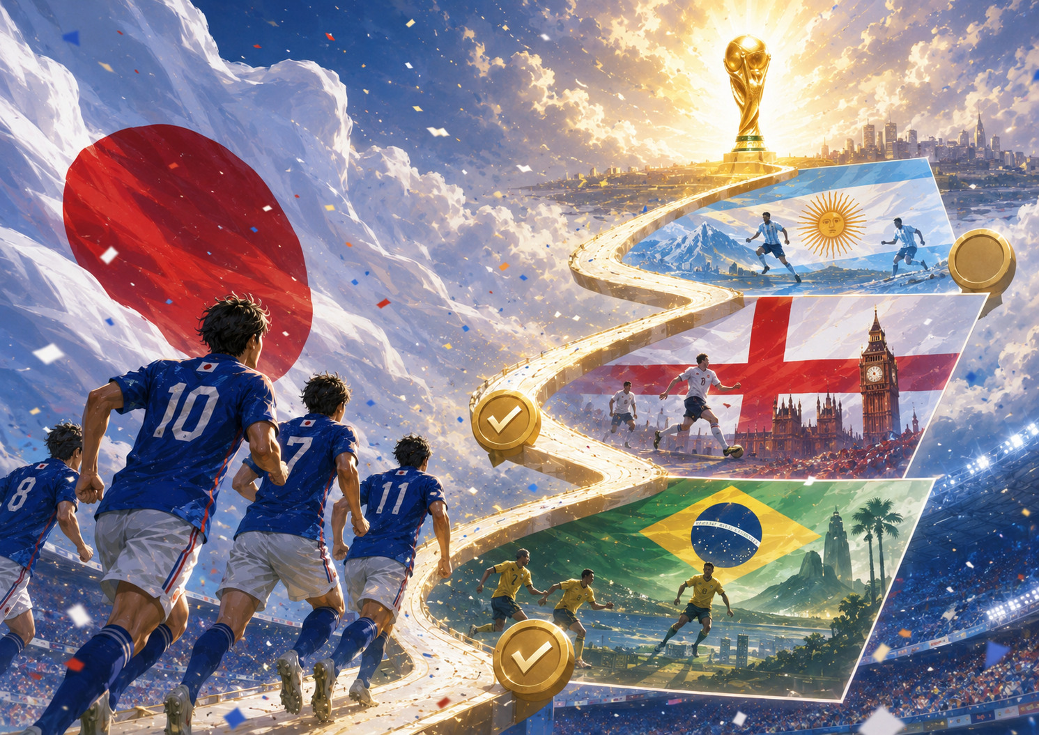 日本代表の勝ち上がりロードを表したサッカーイラスト