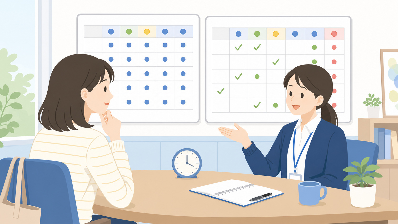 初任者研修の通学日数や曜日を比較して相談する様子