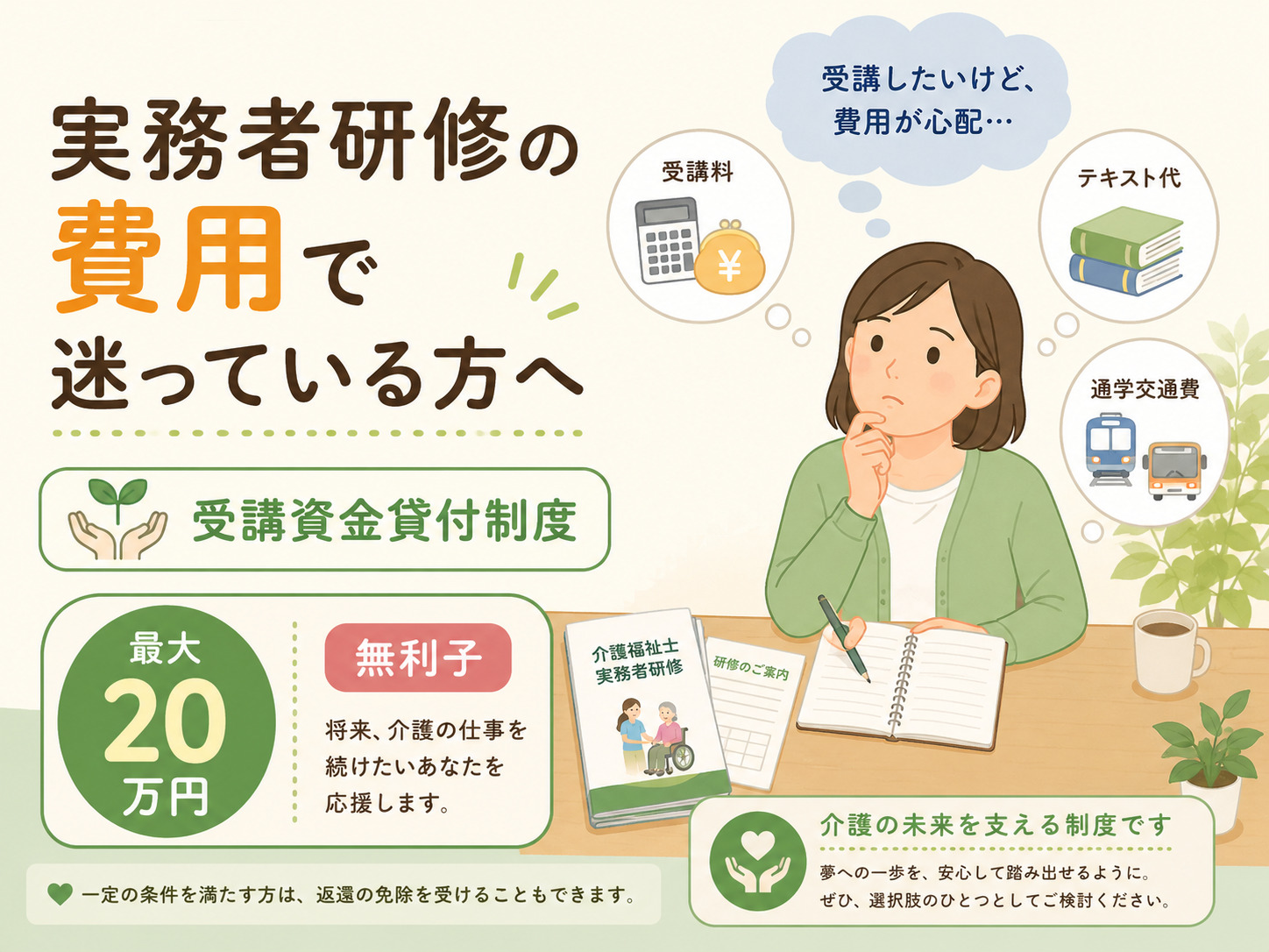 実務者研修の受講資金を借り、研修修了後に岡山県内で2年間働くことで返還免除を受ける流れ