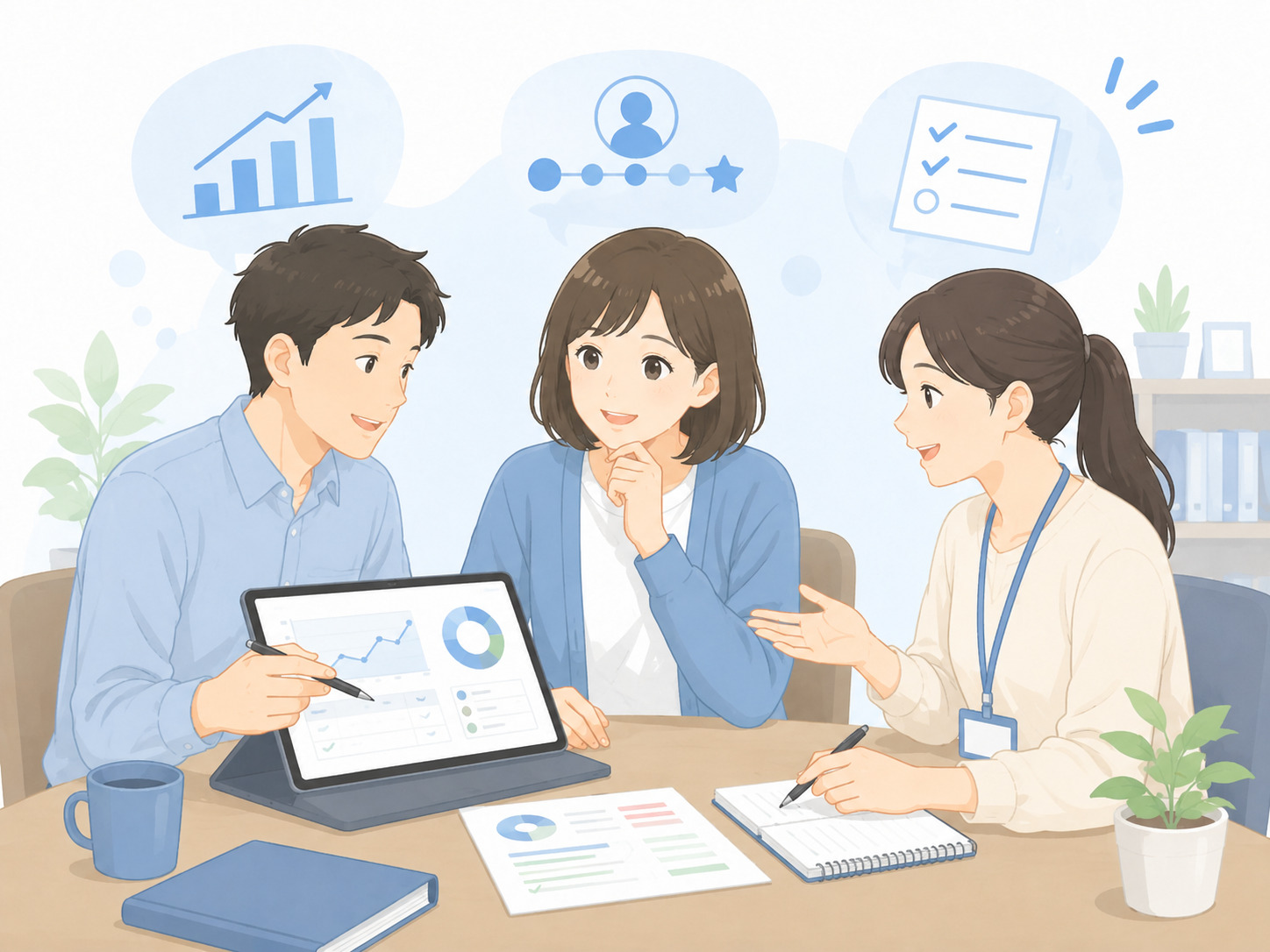 受験者と講師と担当者が学習成績や進み具合を共有している様子