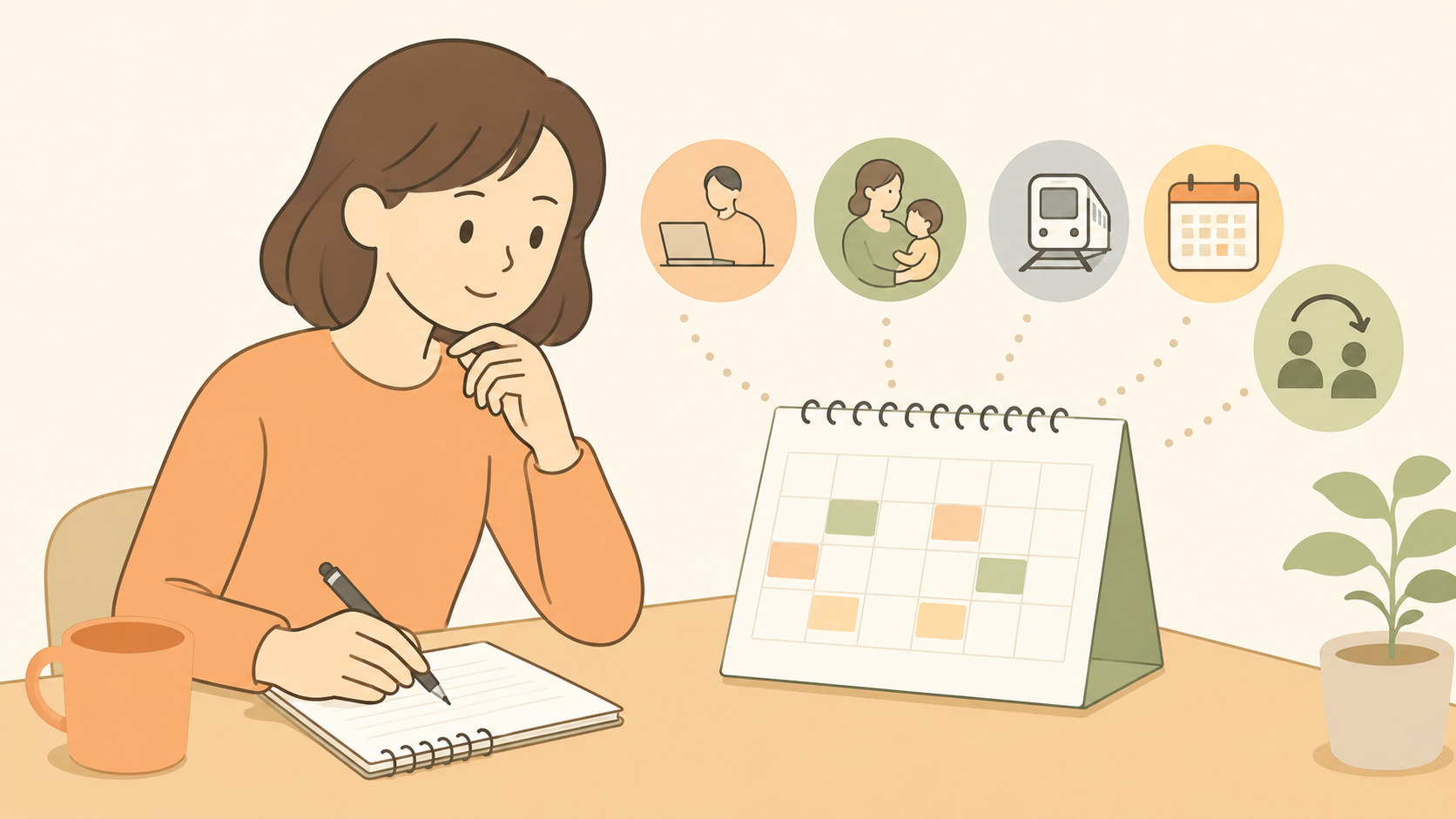 仕事や家庭の予定と受講日程を整理する様子