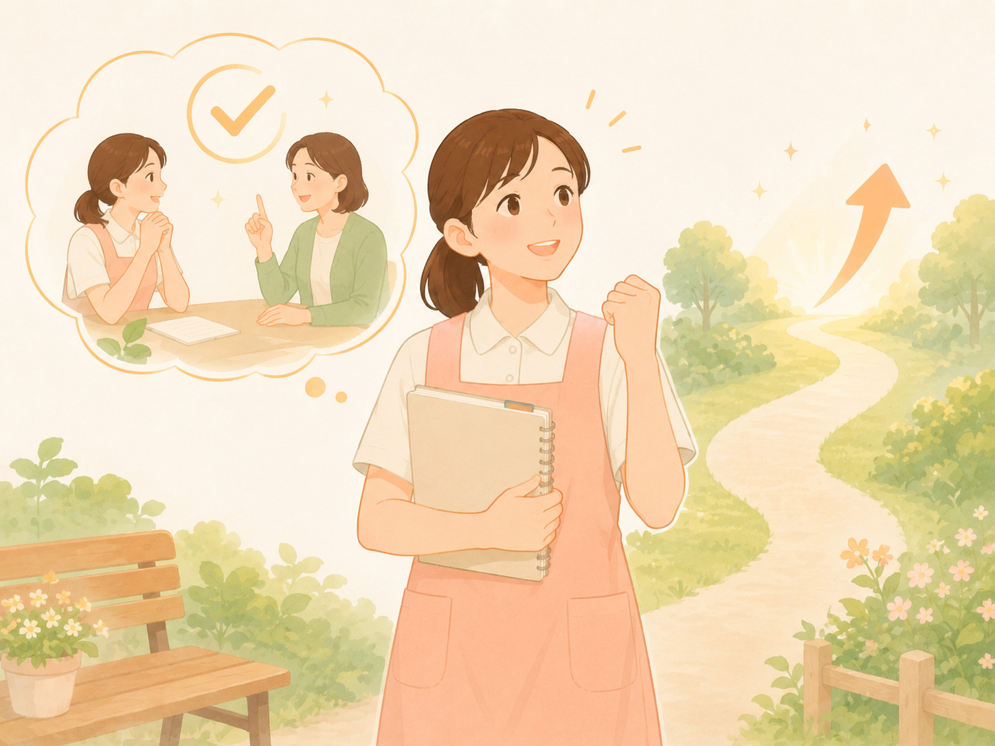 受験資格について相談している介護職員と相談員のイラスト