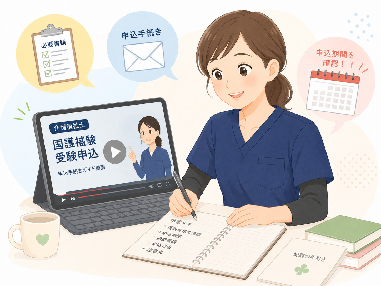 介護福祉士国家試験の受験申込準備をするイラスト