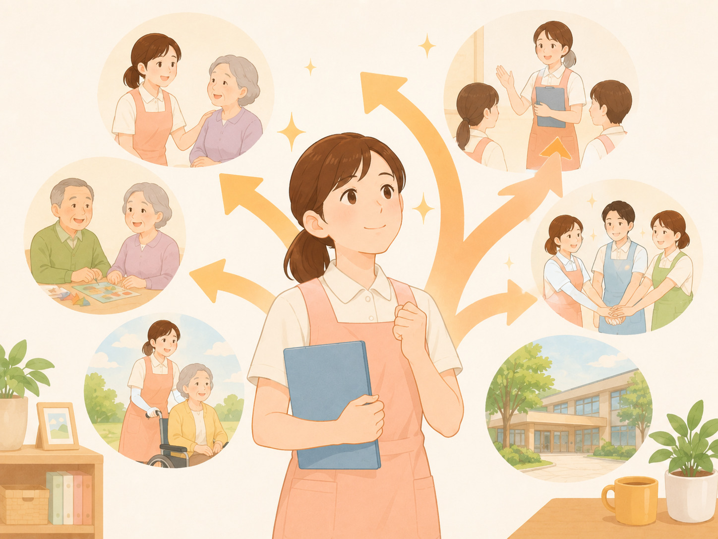 スマホでスキマ時間に介護福祉士国家試験の勉強をしているイラスト