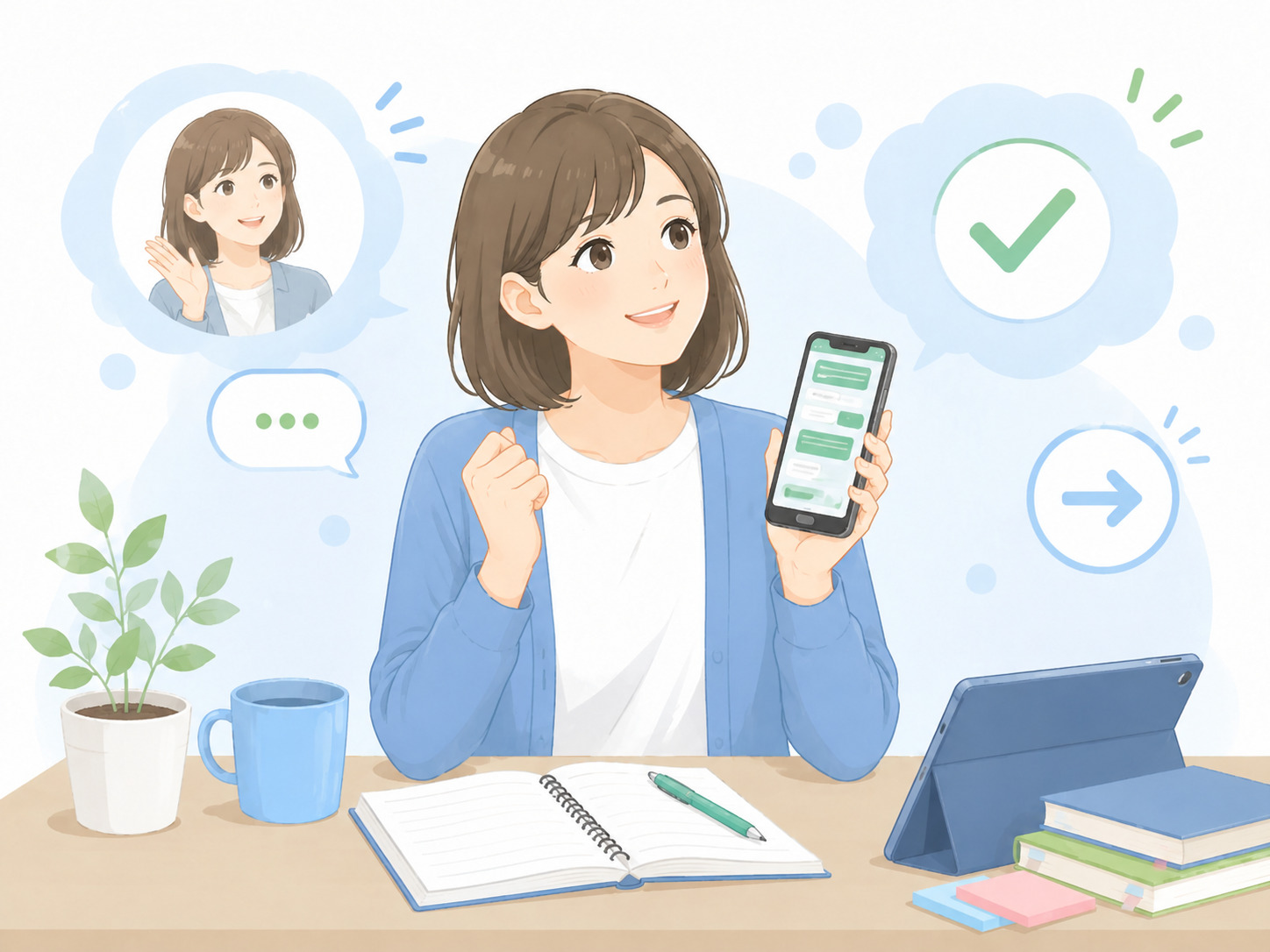 スマートフォンから合格塾について相談し学習を始める様子