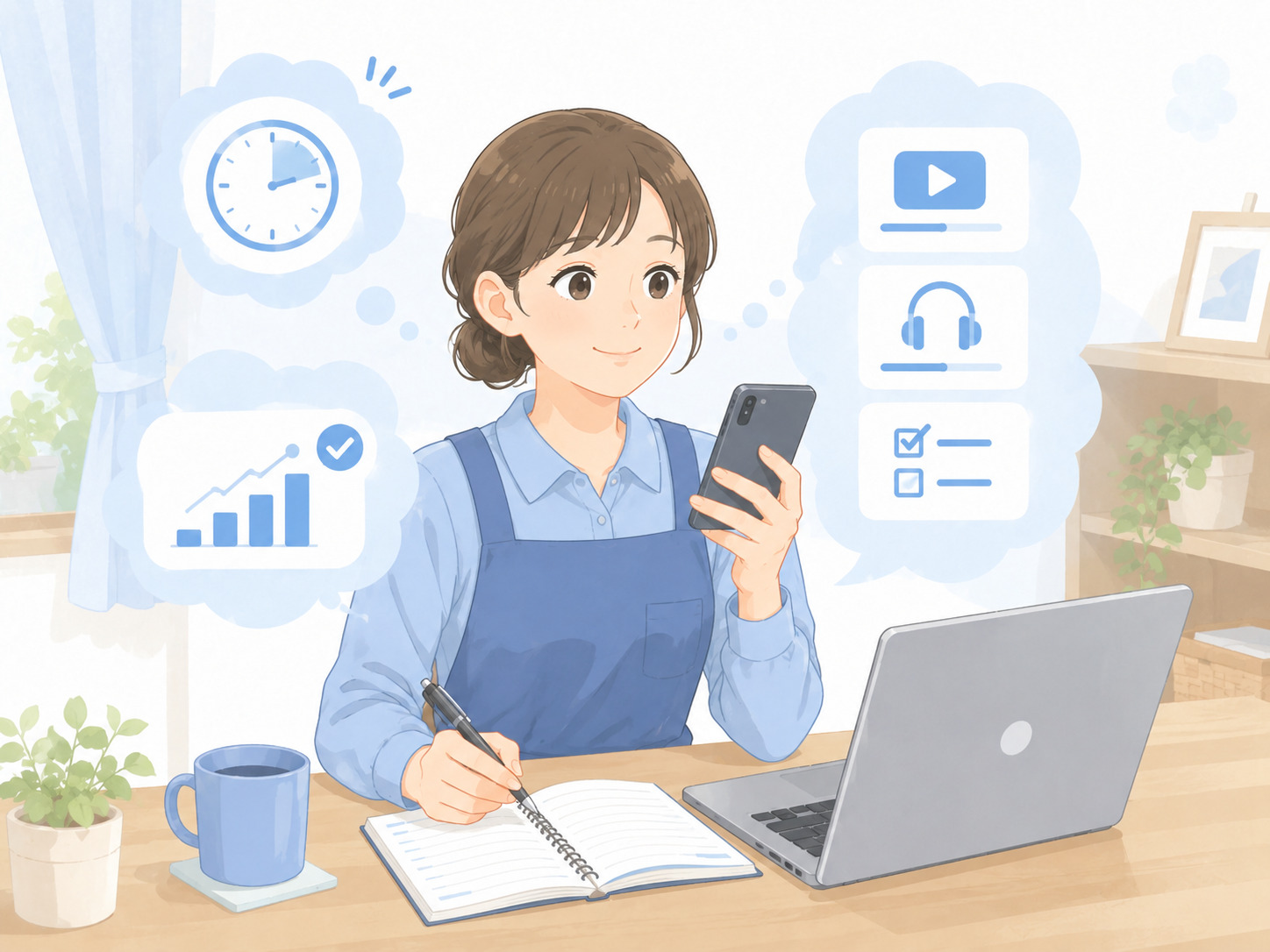スマートフォンやパソコンを使って介護福祉士国家試験の勉強をする様子