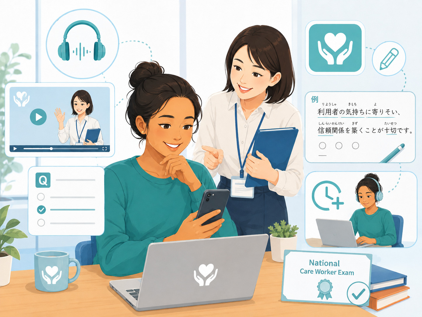音声、動画、問題練習、ふりがな付き問題、試験時間への配慮を表す国家試験対策のイラスト