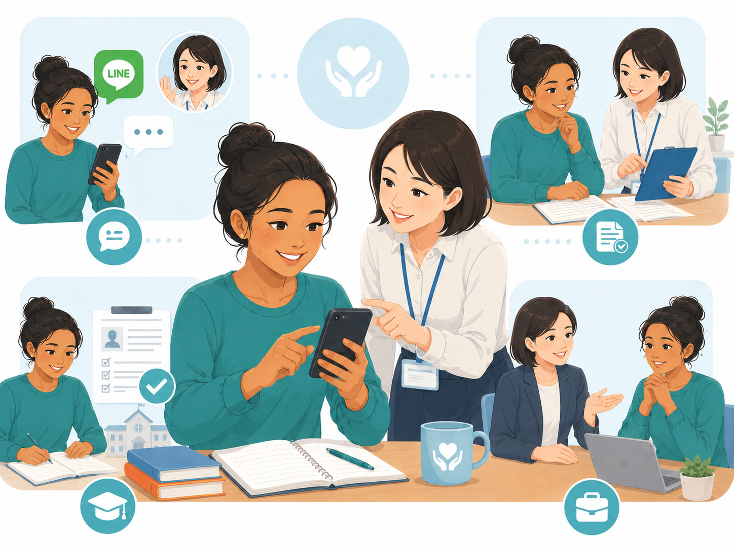LINE相談、給付金の手続き、国家試験の申込みを示すステップのサポートイラスト