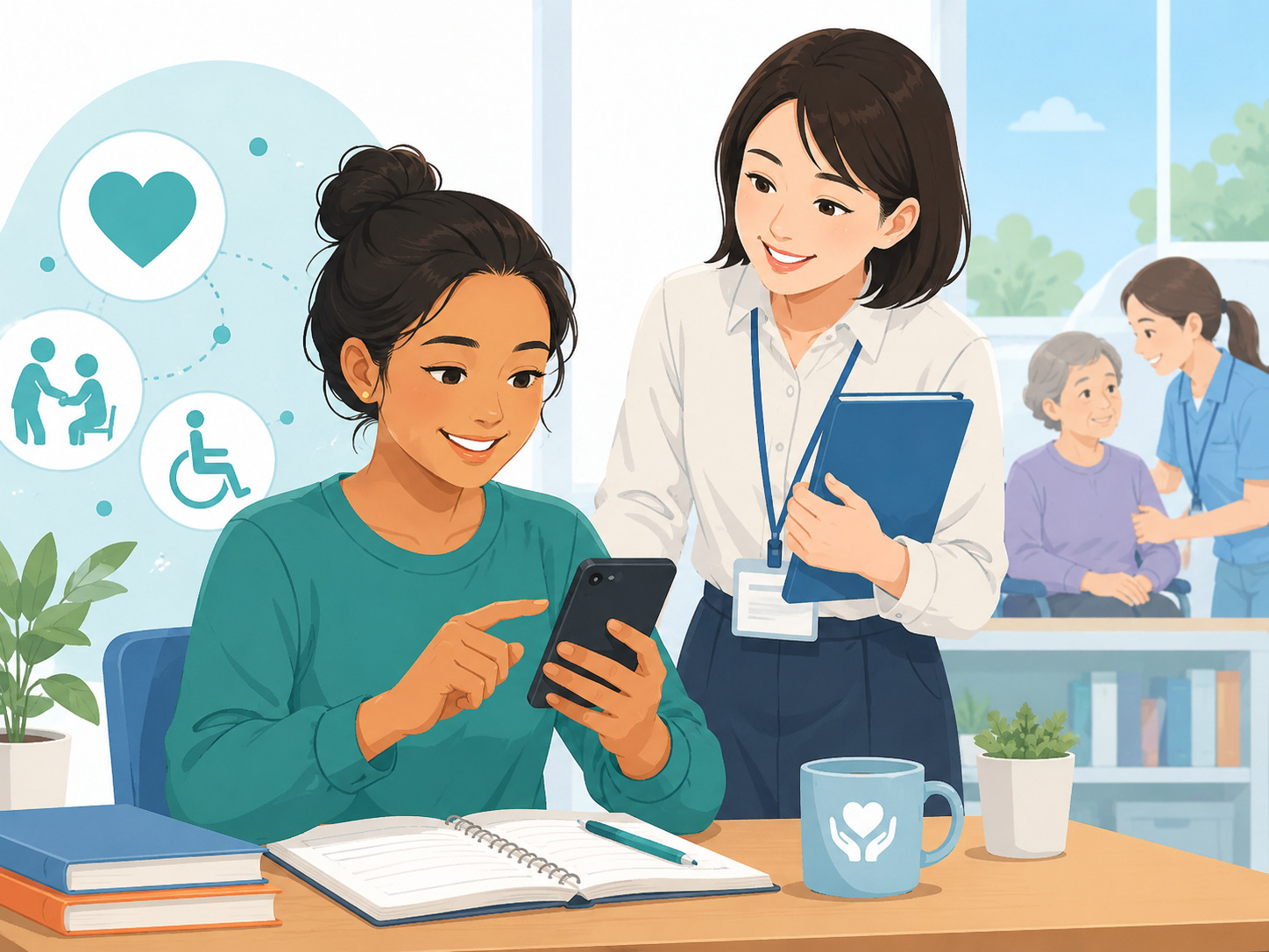 外国人受講生がスマートフォンで学び、ステップの講師がサポートしているイラスト